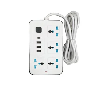 چندراهی برق مدل 2030 با ۴ پریز یونیورسال و ۳ پورت USB و یک پورت تایپ سی، مناسب برای شارژ هم‌زمان چند دستگاه